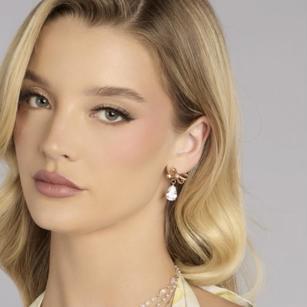 House of Harlow 1960 Chic Gold Bow Drop Earrings w/ White Cubic Zirconia Stone - Picture 4 of 4